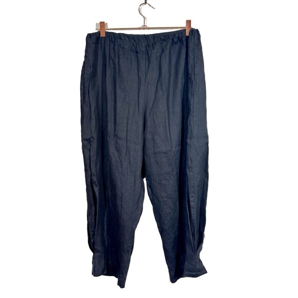 Myrah Penaloza 100% Linen Drawstring Tapered Balloon Harem Pull On Pants Black - Picture 1 of 8